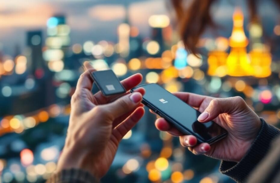 Person checking phone eSIM compatibility with travel background