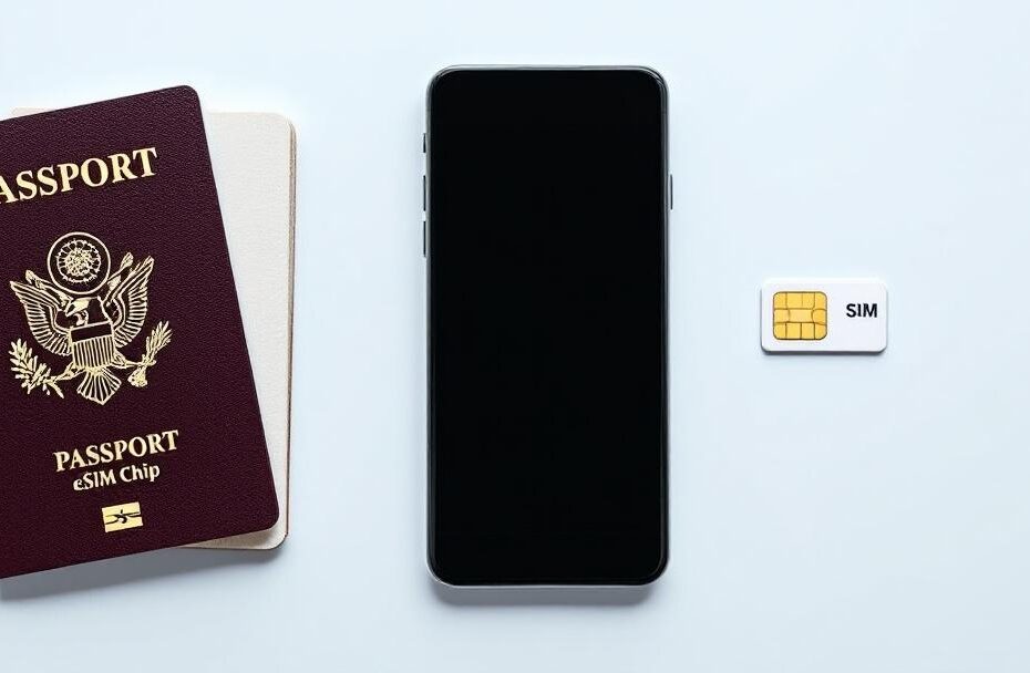 eSIM chip vs physical SIM card comparison flat lay with passport and smartphone